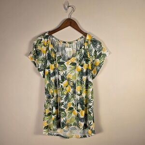 French Laundry Women Large Lemon Tropical Palm Print Top Tassel Pom Pom Trim